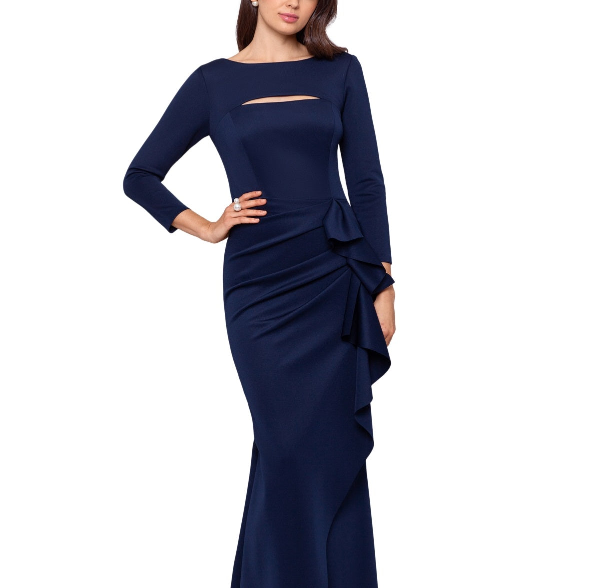 XSCAPE Women's Scuba Cutout Detail Ruffled Fit & Flare Gown Blue Size 16