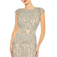 Mac Duggal Beige Damask Sequin Embellished Open Back Lace Up Cap Sleeve Gown