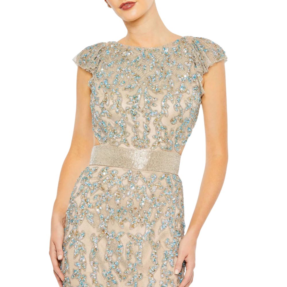 Mac Duggal Beige Damask Sequin Embellished Open Back Lace Up Cap Sleeve Gown