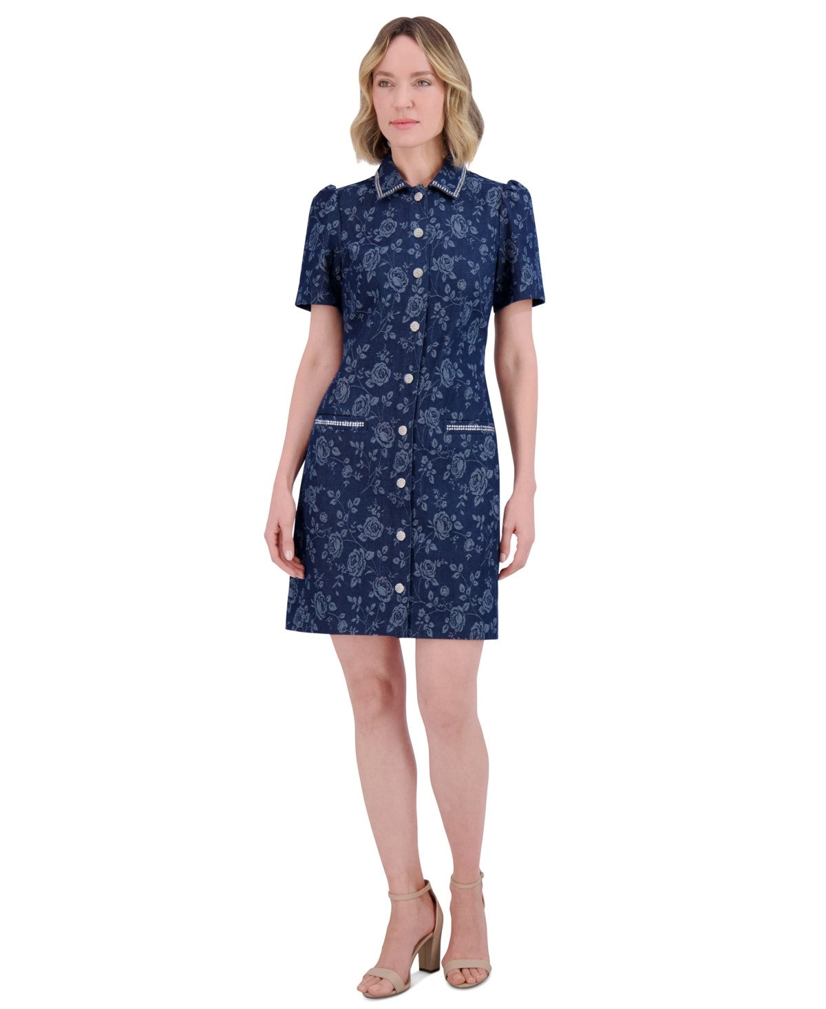 Eliza J Womens Floral Rhinestone Trim Collared Denim Shirtdress