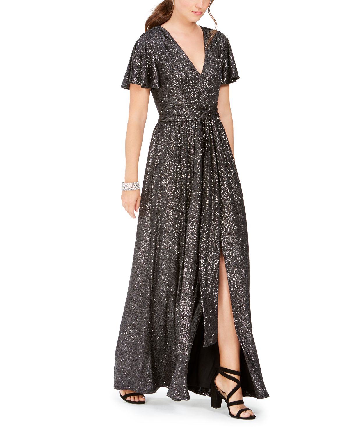 Eliza J Women's Tie Front Flutter Sleeve Glitter Knit Gown Gray Size 8