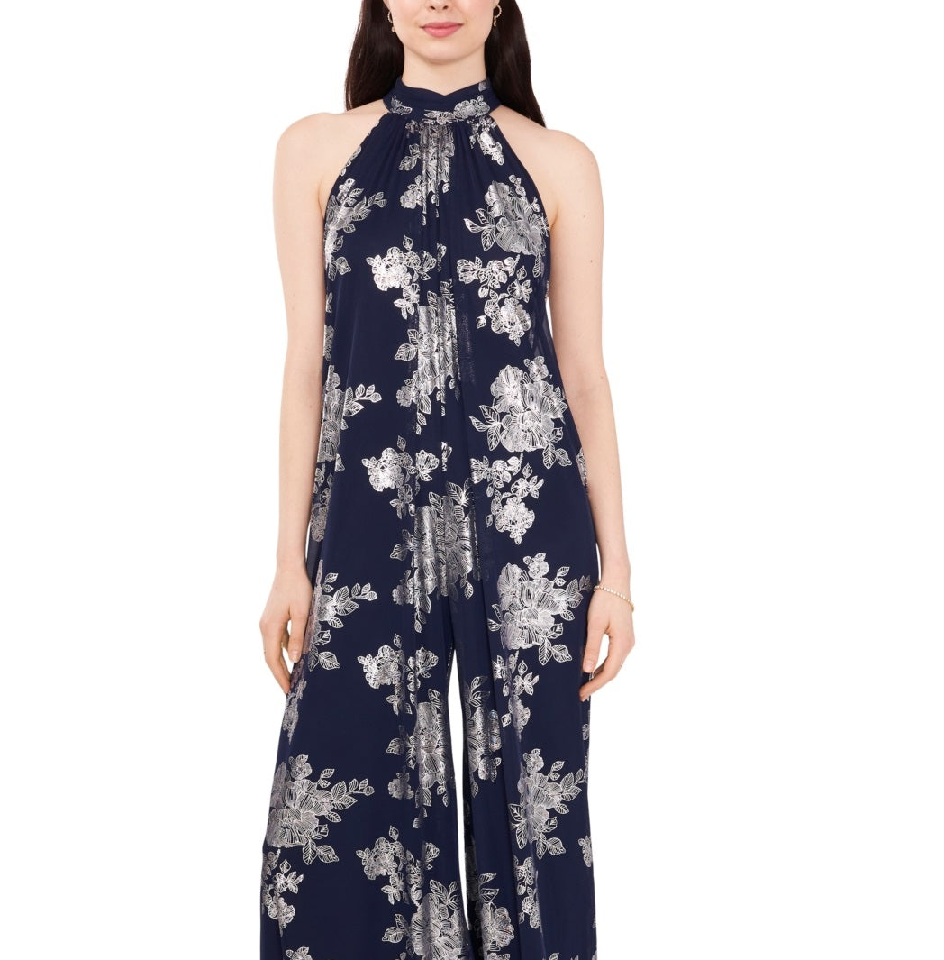 MSK Women's Metallic Floral Print Halter Wide Leg Jumpsuit Blue Size X-Large