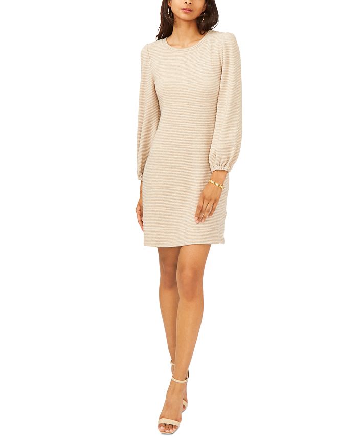 MSK Women's Ribbed Unlined Blouson Sleeve Crew Neck Above The Knee Wear To Work Sheath Dress Beige Size X-Large