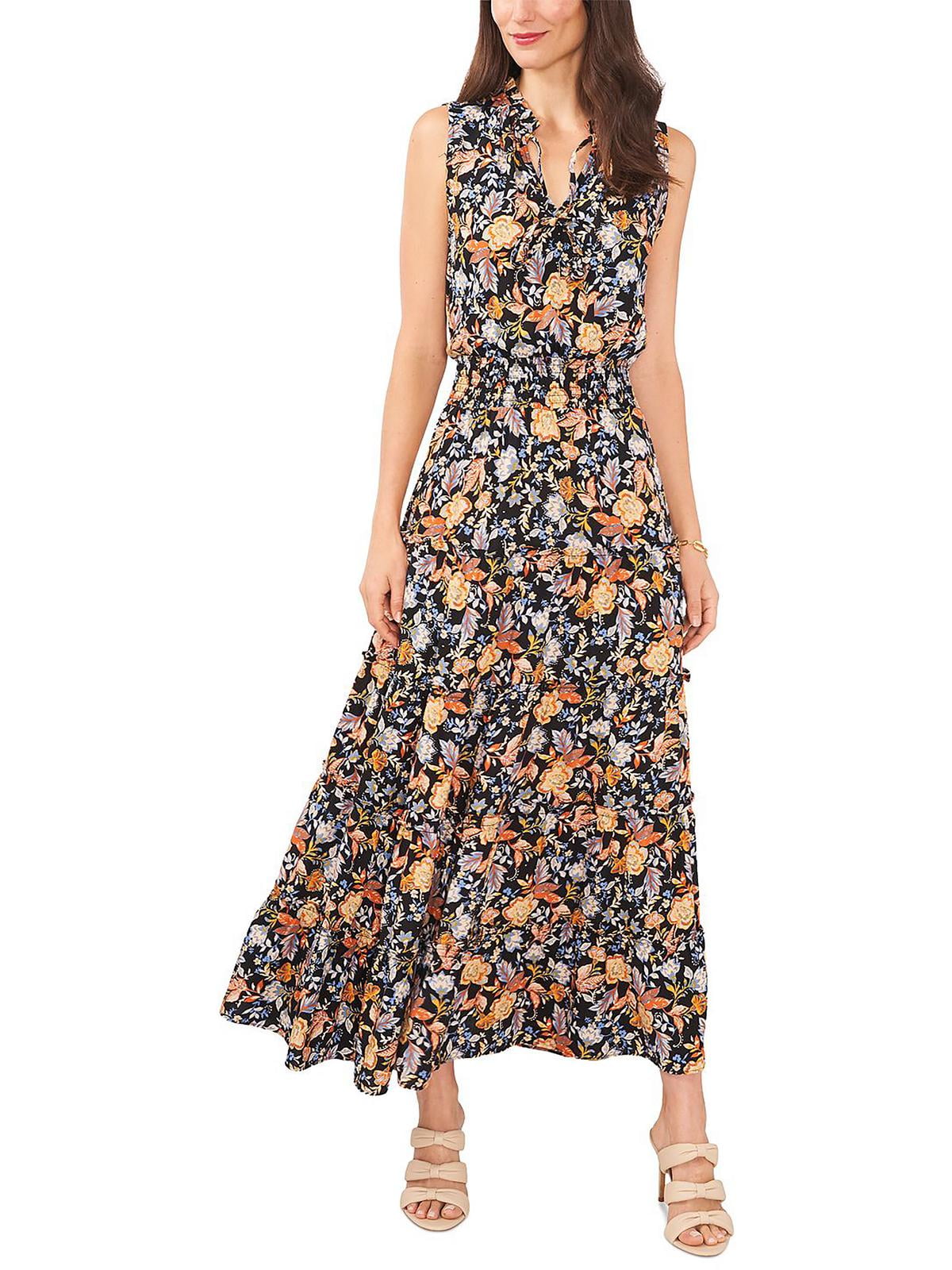 MSK Women's Floral Print Smocked Waist Tiered Maxi Dress Black Size X-Large