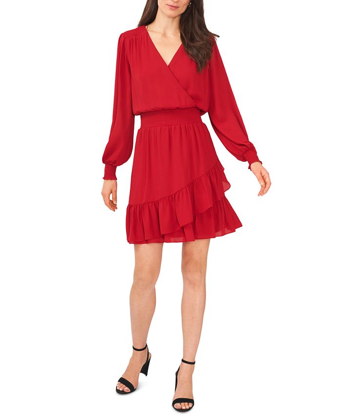 MSK Women's Solid Smocked Waist Ruffled Hem Surplice Neck Dress Red Size Small