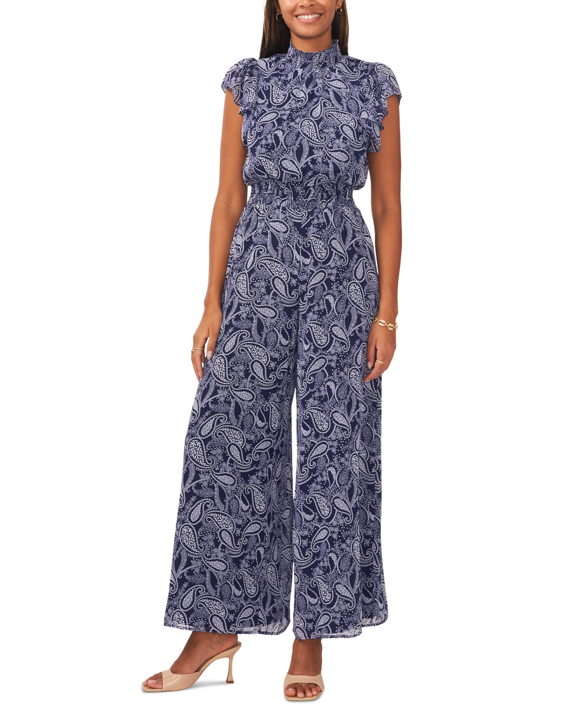 Msk Women's Printed Flutter-Sleeve Smocked-Waist Jumpsuit Size TBD