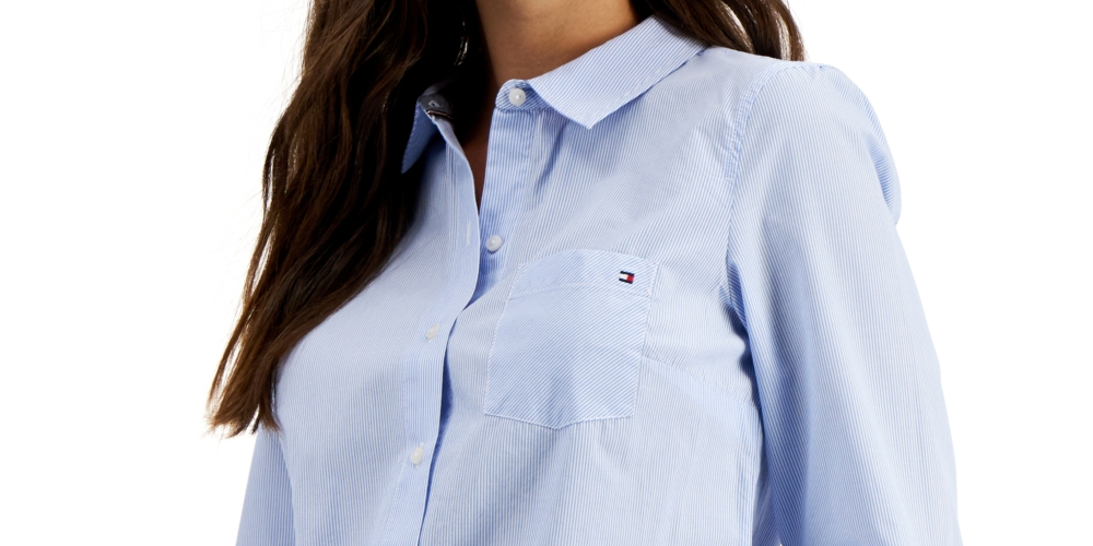 Tommy Hilfiger Women's Cotton Pinstripe Butto Down Shirt Blue Size XX-Large