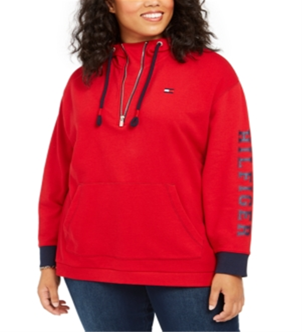 Tommy Hilfiger Women's Half Zip Logo Hoodie Red Size 3X