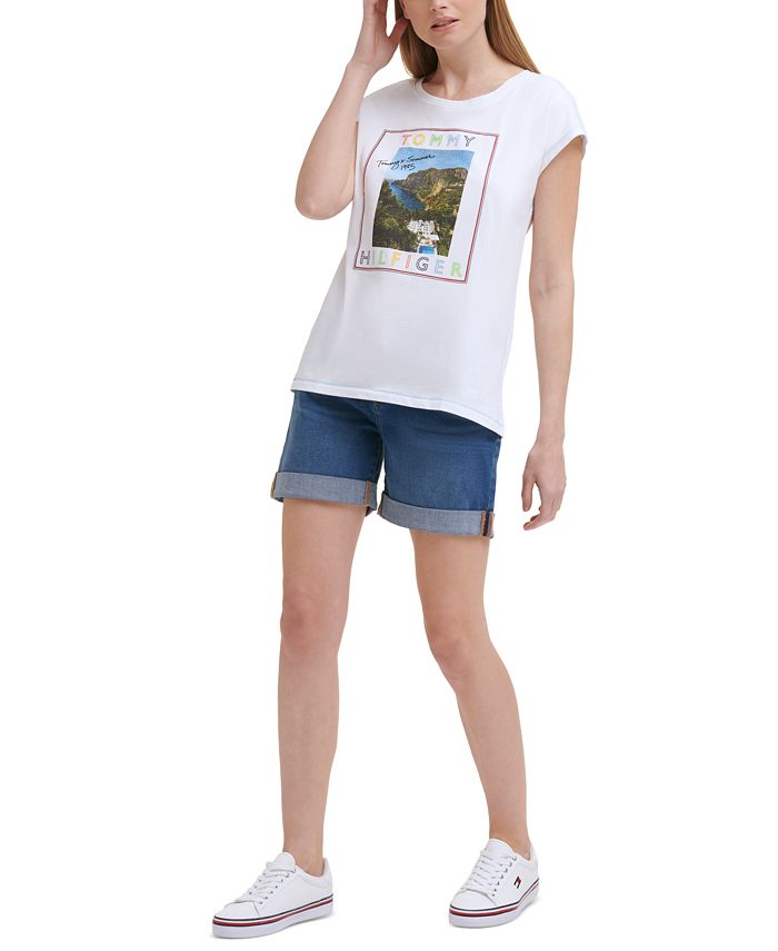 Tommy Hilfiger Women's Graphic Extended-Shoulder Top White Size Medium