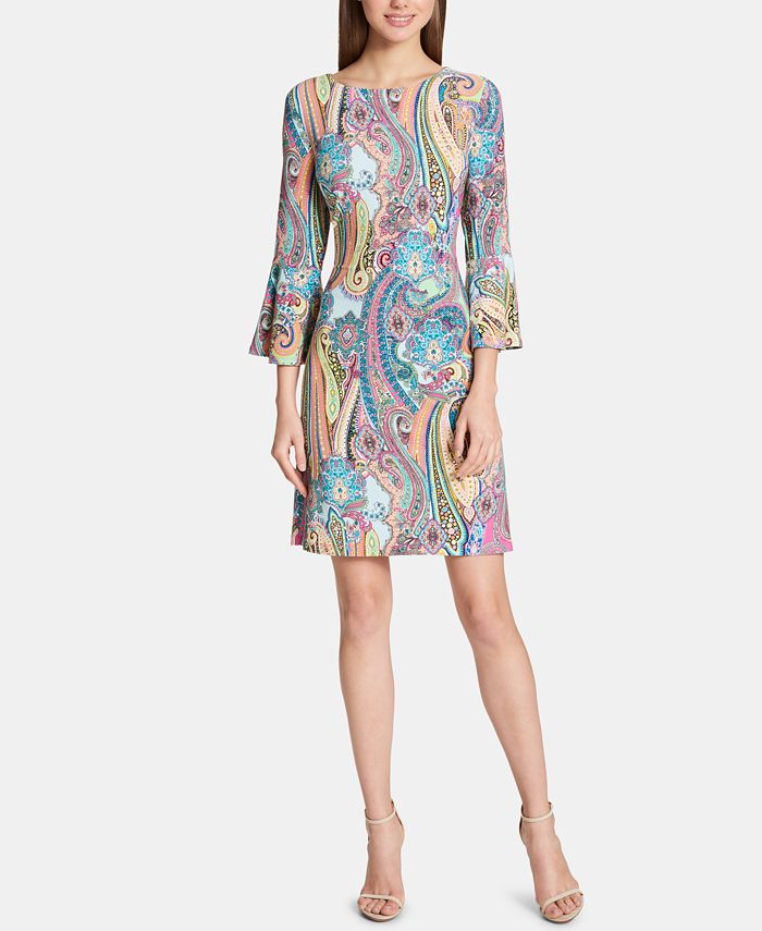 Tommy Hilfiger Women's Jaipur Paisley Bell Sleeve Sheath Dress Pink Size 4 Petite