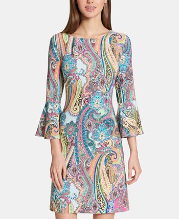 Tommy Hilfiger Women's Jaipur Paisley Bell Sleeve Sheath Dress Pink Size 12 Petite