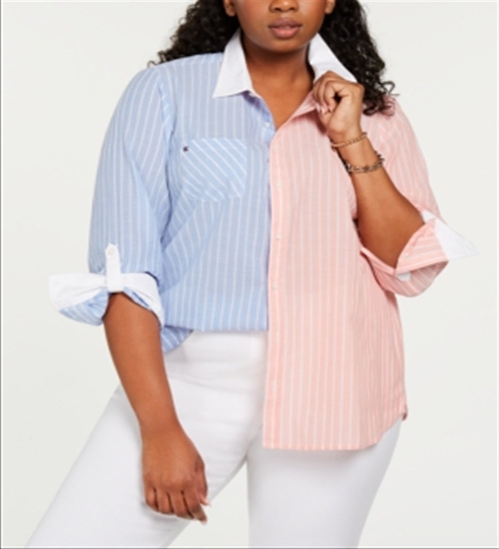 Tommy Hilfiger Women's Cotton Two Tone Striped Shirt Pink Size 3X