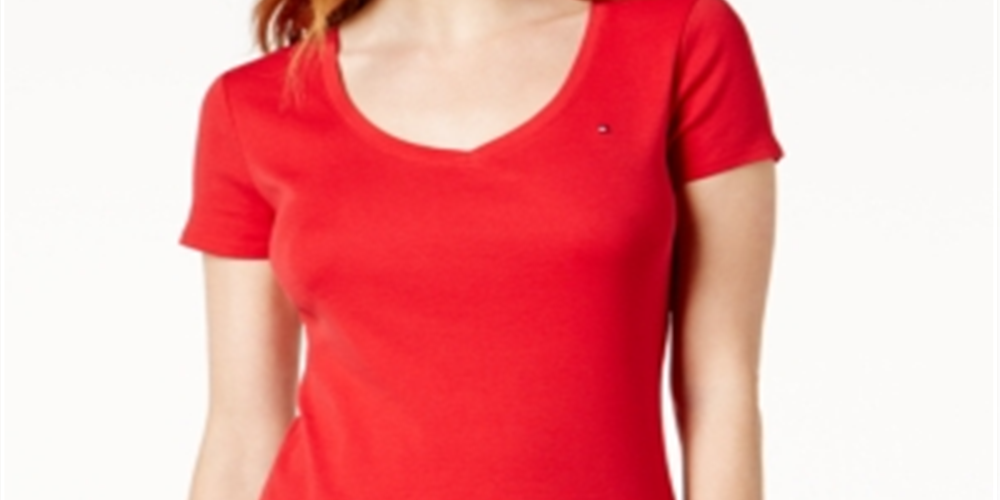 Tommy Hilfiger Women's V Neck T-Shirt Red Size Medium