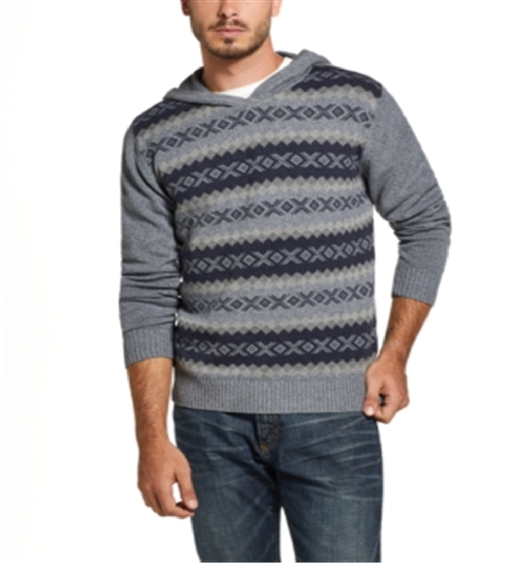 Vintage Men's Jacquard Knit Sweater Hooded Blue Size X-Large