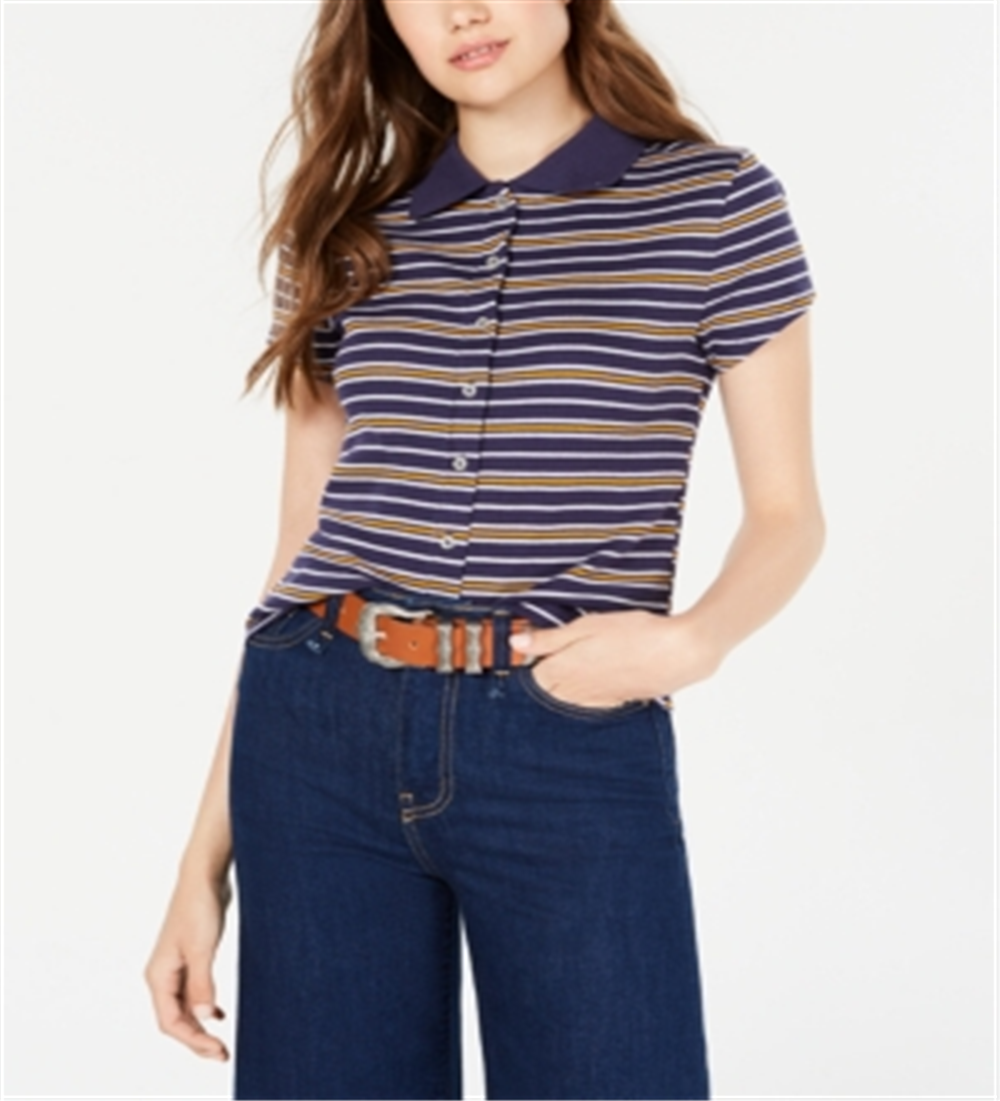 Planet Gold Women's New Polo Striped Button Front Top Blue Size Large