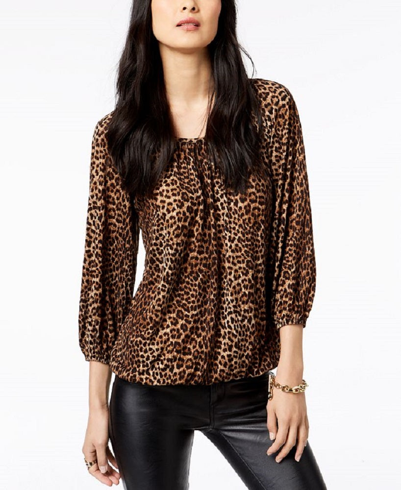 Michael Kors Women's Leopard Print Peasant Top Brown Size Petite Large
