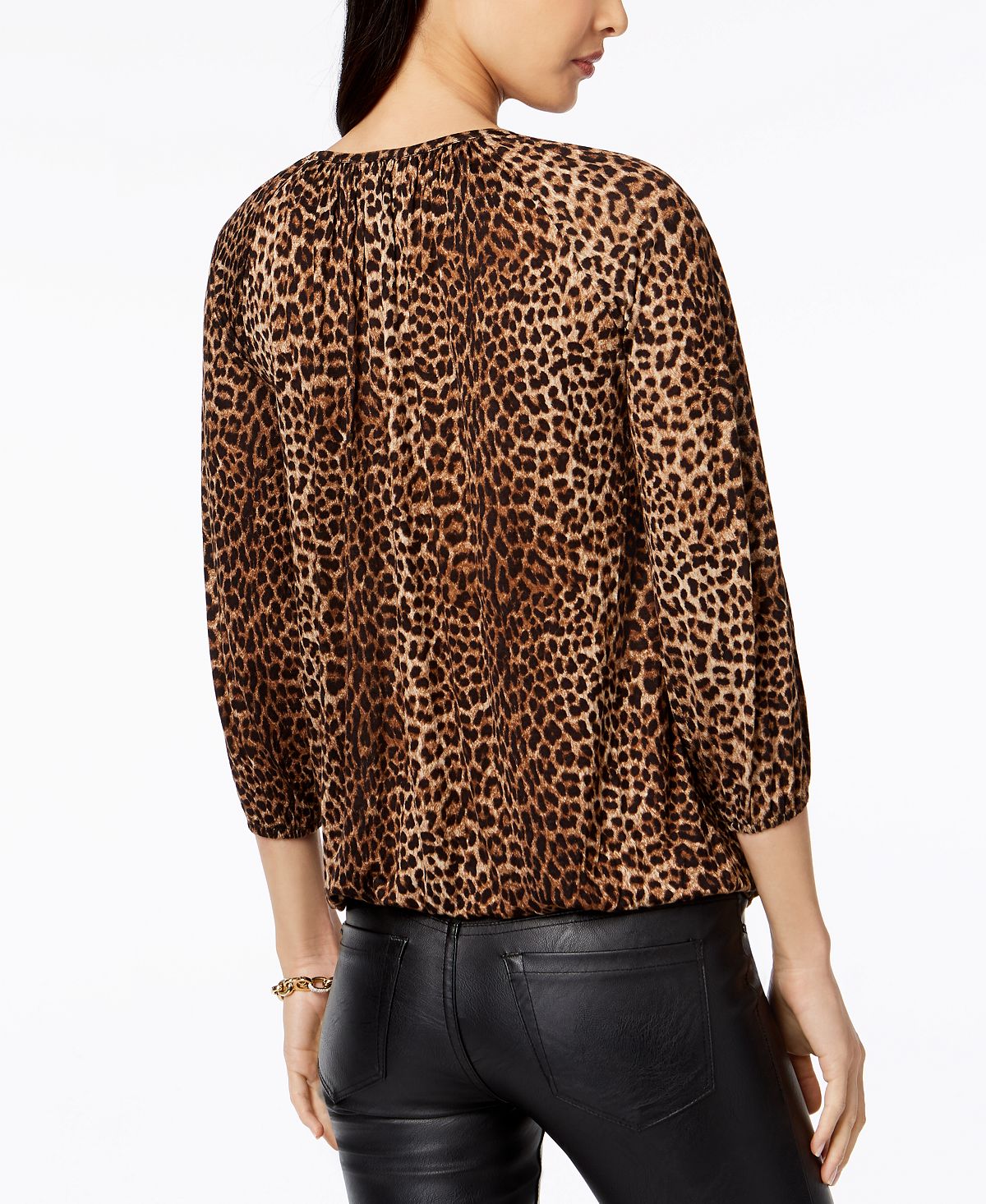 Michael Kors Women's Leopard Print Peasant Top Brown Size Petite Large