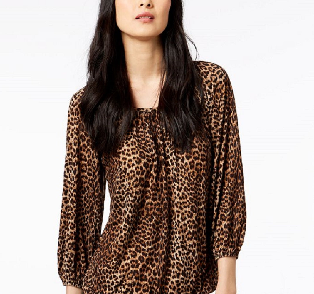 Michael Kors Women's Leopard Print Peasant Top Brown Size Petite Large