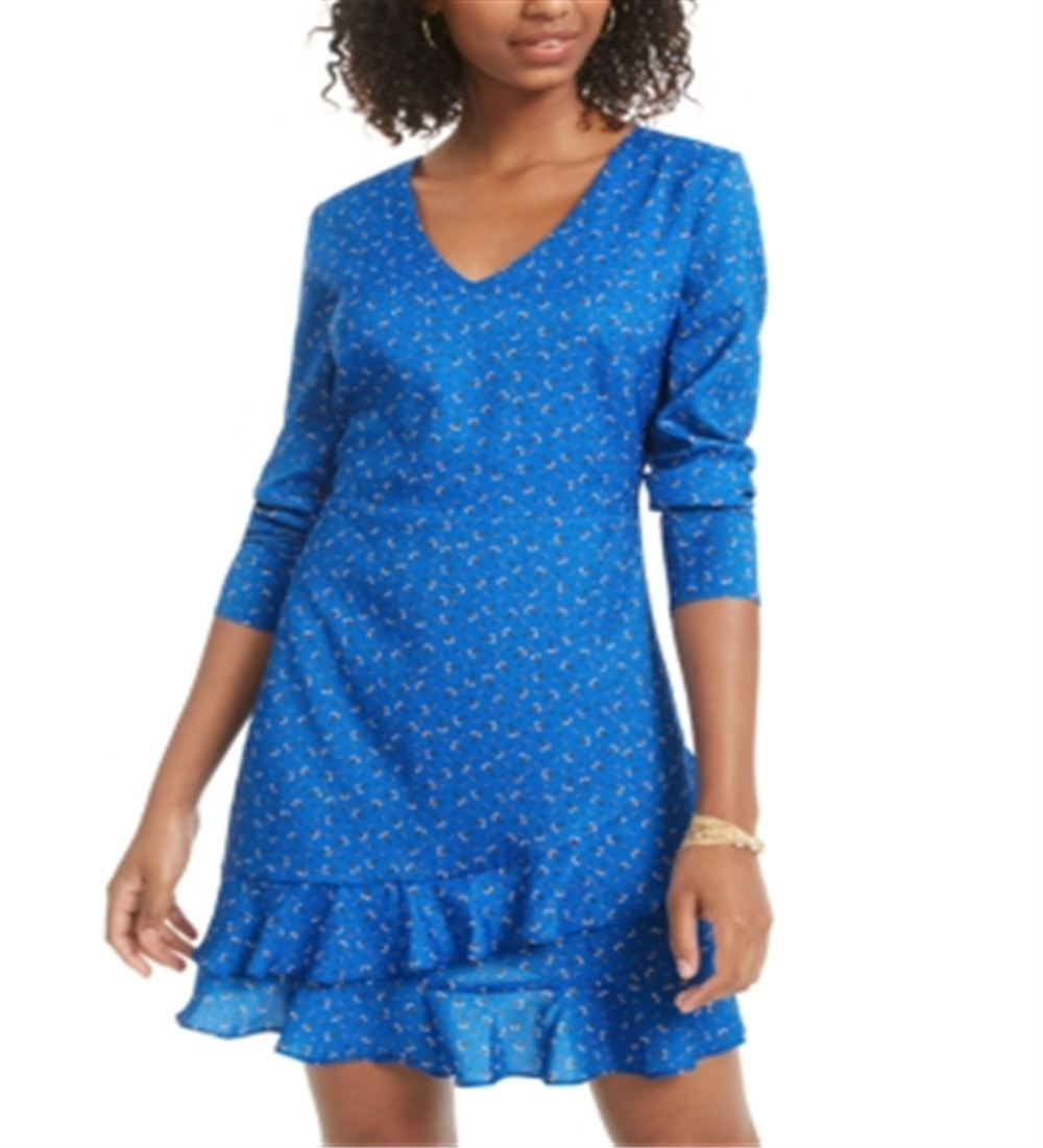 Material Girl Junior's Printed Ruffle Hem Dress Blue Size Medium