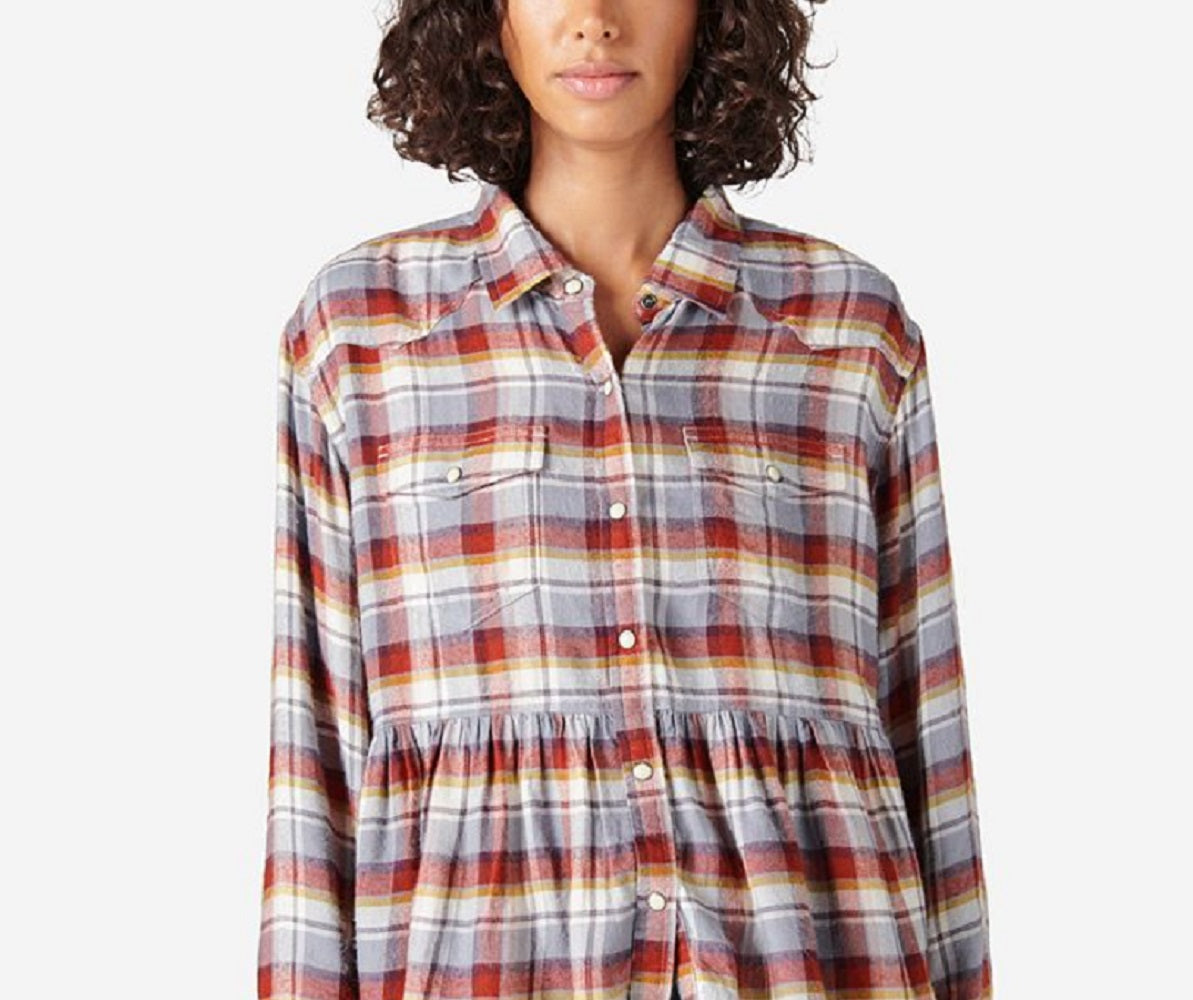 Lucky Brand Women's Plaid Western Babydoll Long Sleeve Shirt Blue