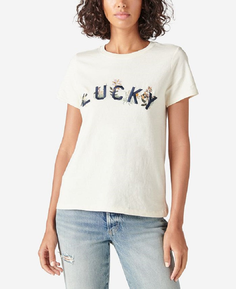 Lucky Brand Women's Floral Embroidered T-Shirt White Size Medium