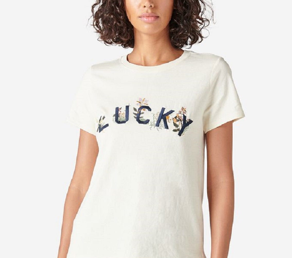Lucky Brand Women's Floral Embroidered T-Shirt White Size Medium