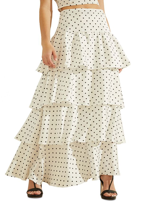 GUESS Women's Nadia Polka Dot Ruffle Maxi Skirt White Size X-Small