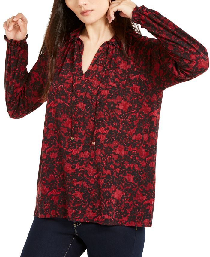 Michael Kors Women's Lace Print High Neck Top Red Size X-Small