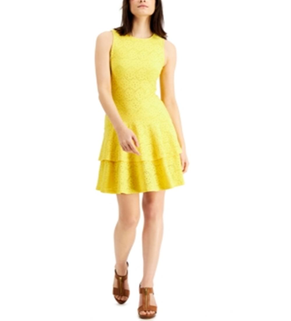 Michael Kors Women's Jacquard Floral Tiered Dress Yellow Size X-Large