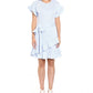 Michael Kors Women's Zippered Ruffled Unlined Tie Belt Striped Short Sleeve Crew Neck Above The Knee Faux Wrap Dress Blue Size Petite X-Small