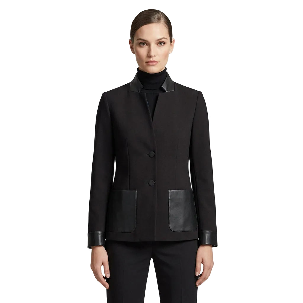 Calvin Klein Women's Solid 2 Button Faux Leather Trim Jacket Black