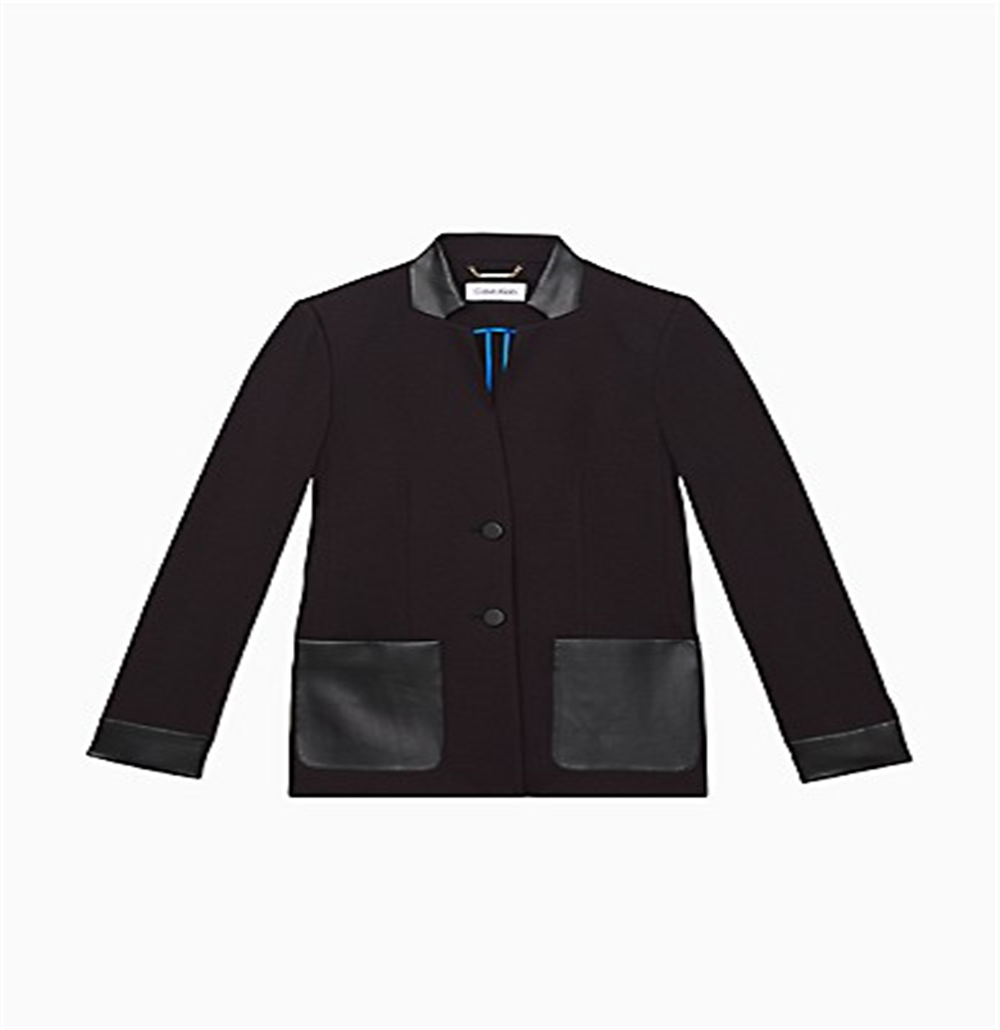 Calvin Klein Women's Solid 2 Button Faux Leather Trim Jacket Black