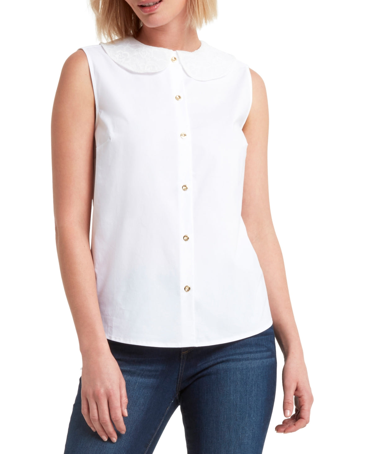 H Halston Women's Sleeveless Lace Collar Blouse White Size Medium