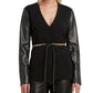 H Halston Women's Collarless Faux Leather Sleeve Belted Blazer Black Size X-Small