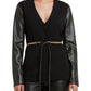 H Halston Women's Collarless Faux Leather Sleeve Belted Blazer Black Size Small