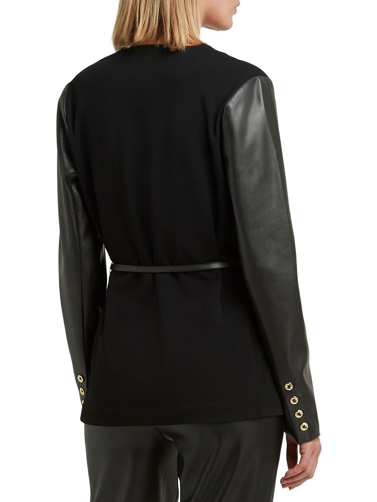 H Halston Women's Collarless Faux Leather Sleeve Belted Blazer Black Size Small