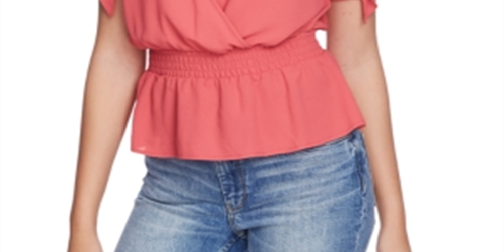 1.STATE Women's Surplice Smocked Waist Top Red Size Small