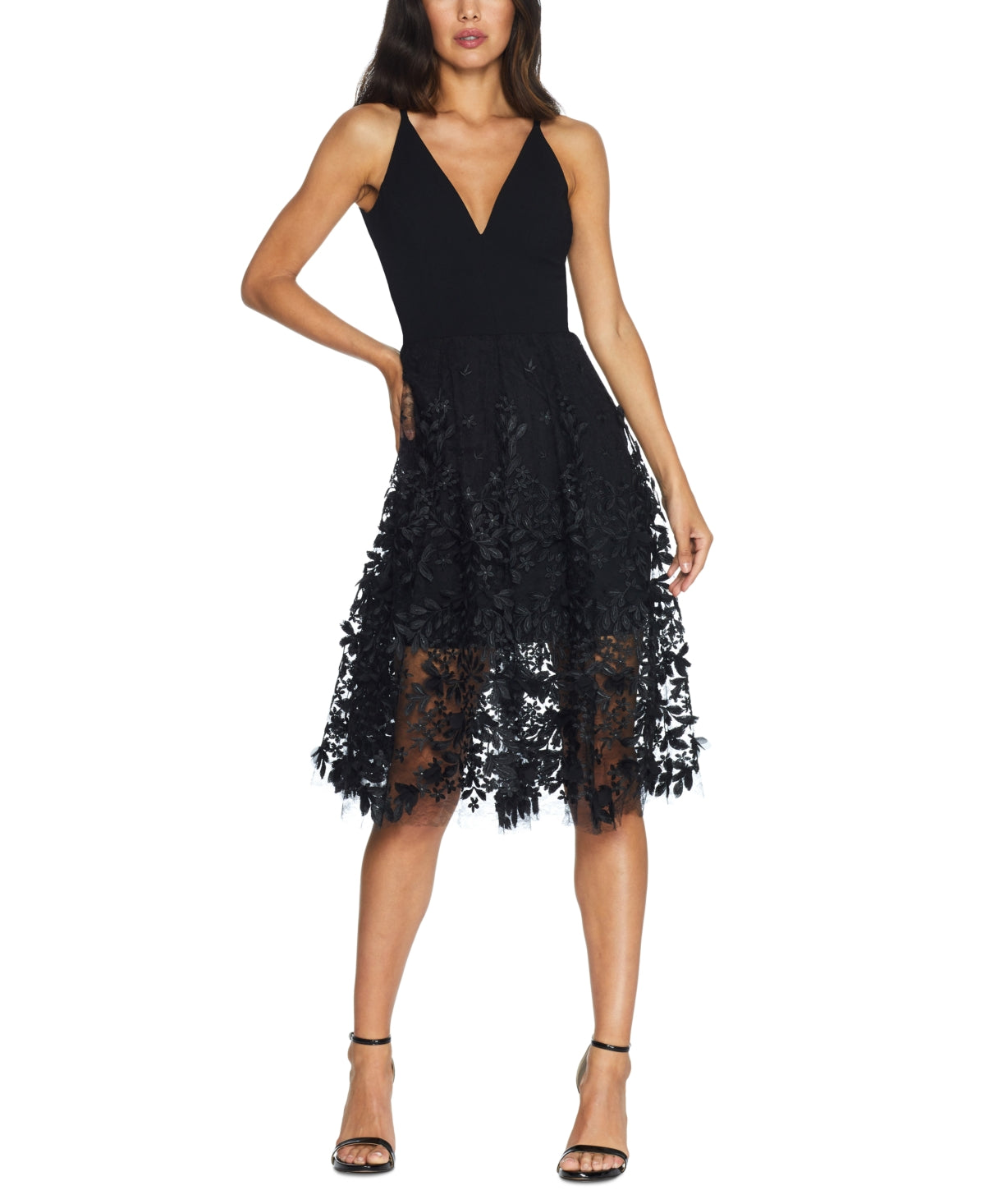 Dress the Population Women's Darleen V Neck Embroidered Mesh Cocktail Dress Black Size Medium