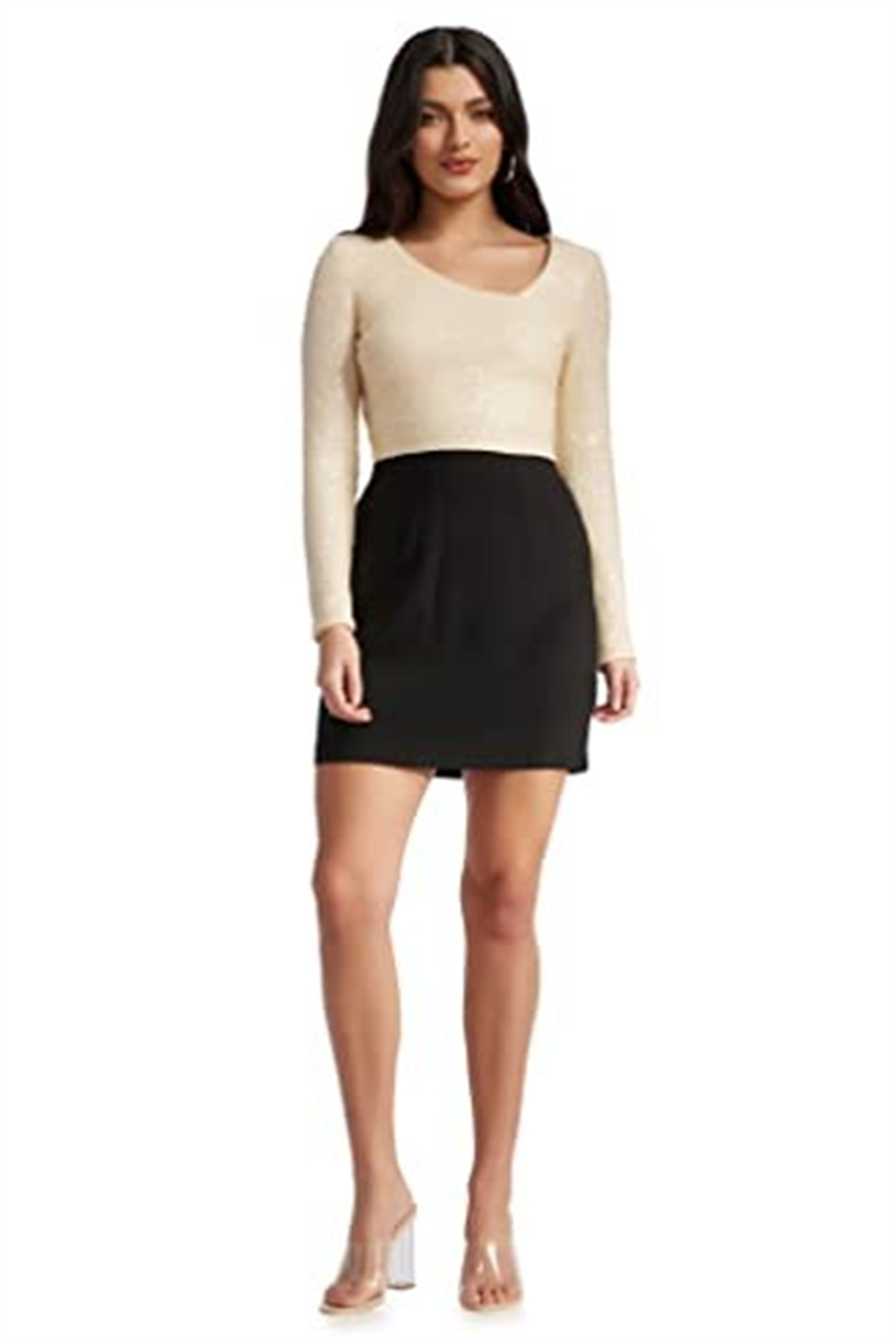 dress-the-population-womens-cream-black-chante-mini-dress-size-medium