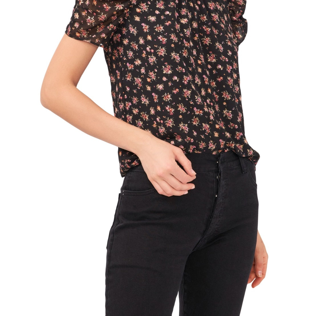 1.STATE Women's Ruched Floral Keyhole Top Yellow