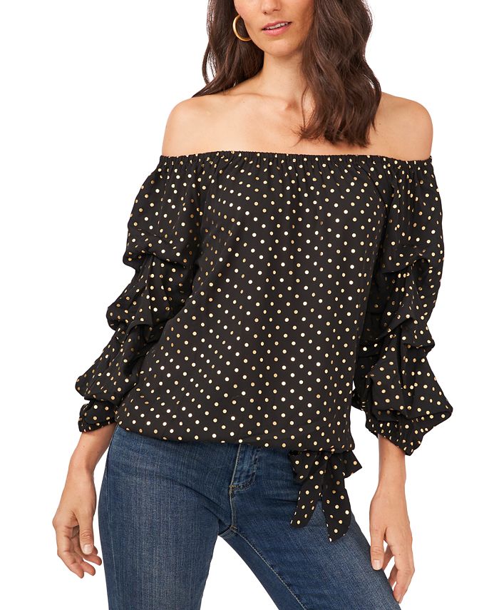 Vince Camuto Women's Polka Dot Off the Shoulder Bubble Sleeve Top Black Size X-Large