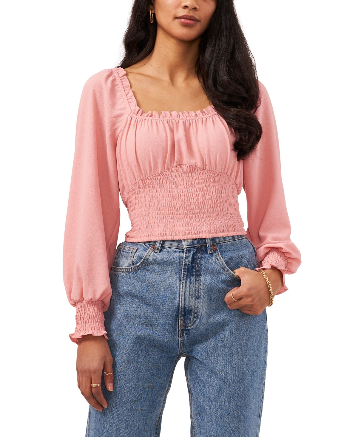 1.STATE Women's Square Neck Long Sleeve Top Pink Size Medium