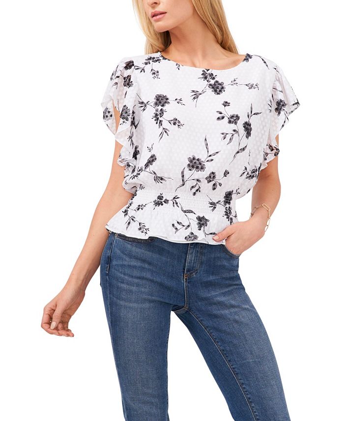 Vince Camuto Women's Floral Print Flutter Sleeve Peplum Top White Size Medium