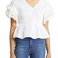 1.STATE Women's Short Flutter Sleeve V Neck Smocked Top White Size XX-Small