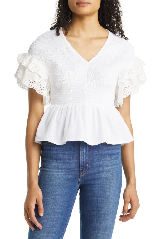 1.STATE Women's Short Flutter Sleeve V Neck Smocked Top White Size XX-Small