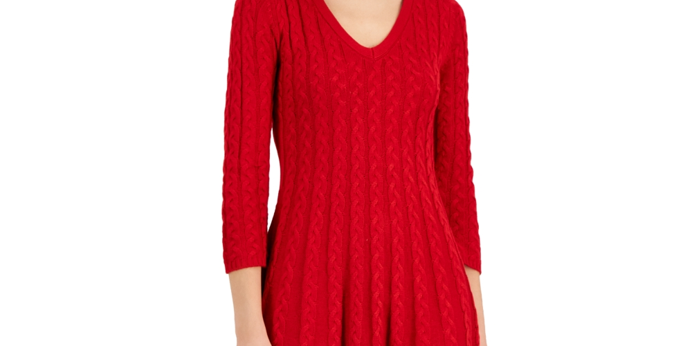 Jessica Howard Women's Cable Knit Fit & Flare Dress Red Size L