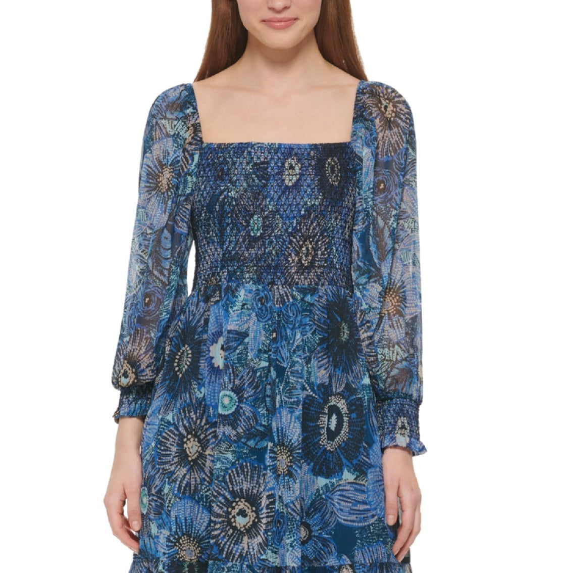 Vince Camuto Women's Floral Print Smocked Midi Dress Blue Size 14