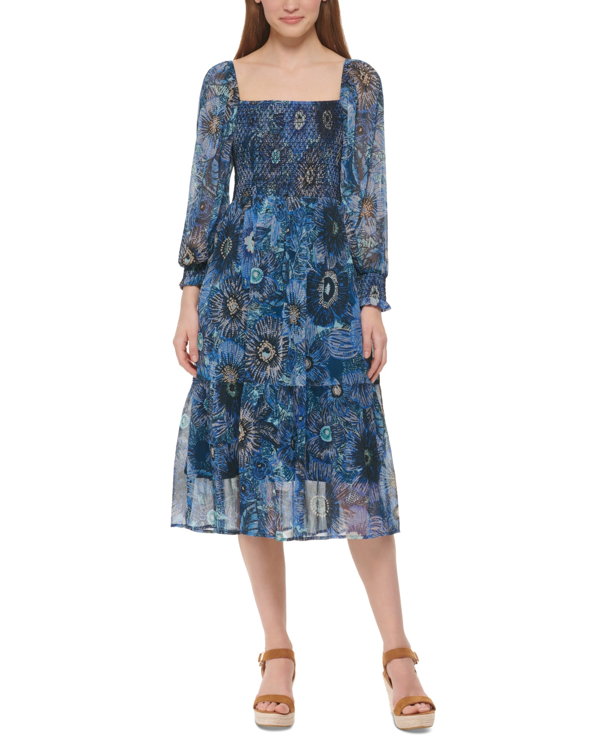 Vince Camuto Women's Floral Print Smocked Midi Dress Blue Size 6