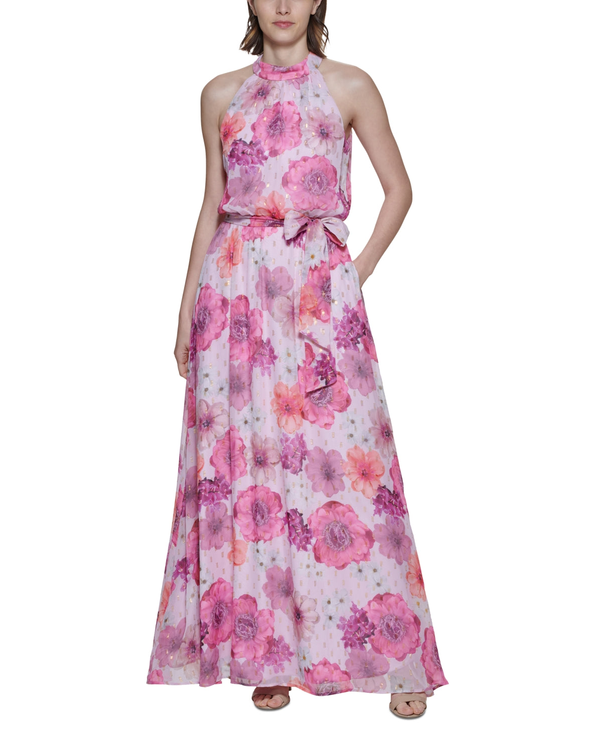 Jessica Howard Women's Floral-Print Halter Gown Pink Size Petite