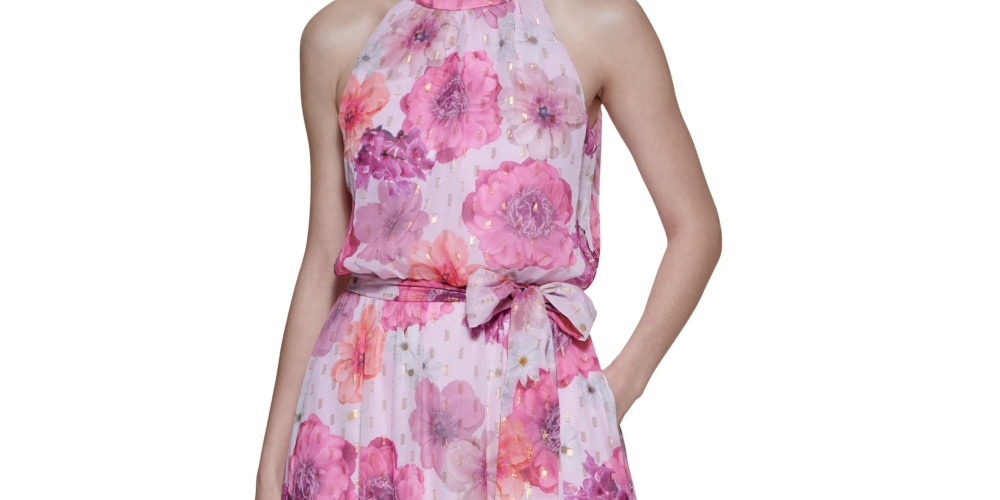Jessica Howard Women's Floral-Print Halter Gown Pink Size Petite